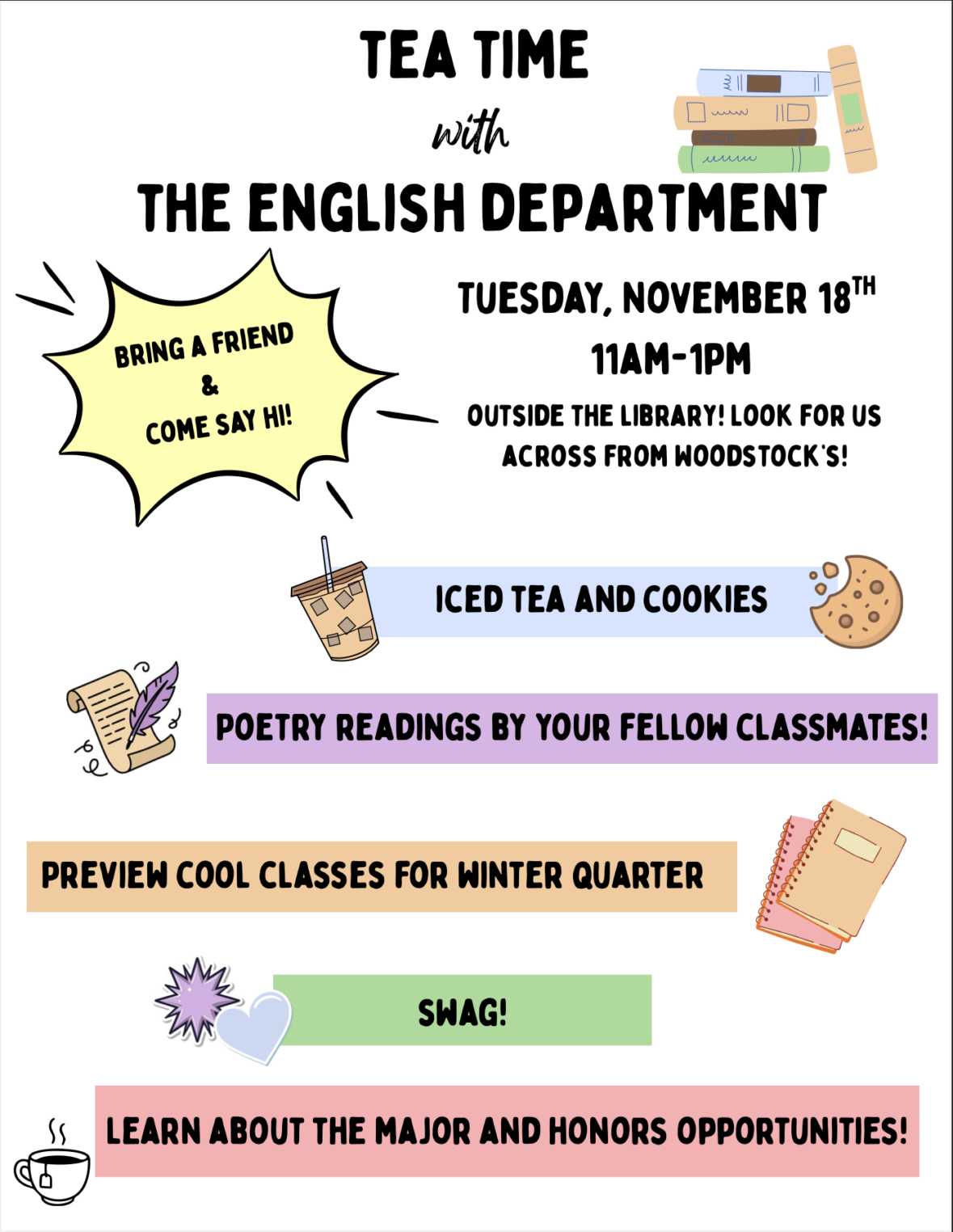 Details for Tea Time with the English department. The event is outsdie the library on Tuesday, November 18th from 11 AM to 1 PM.